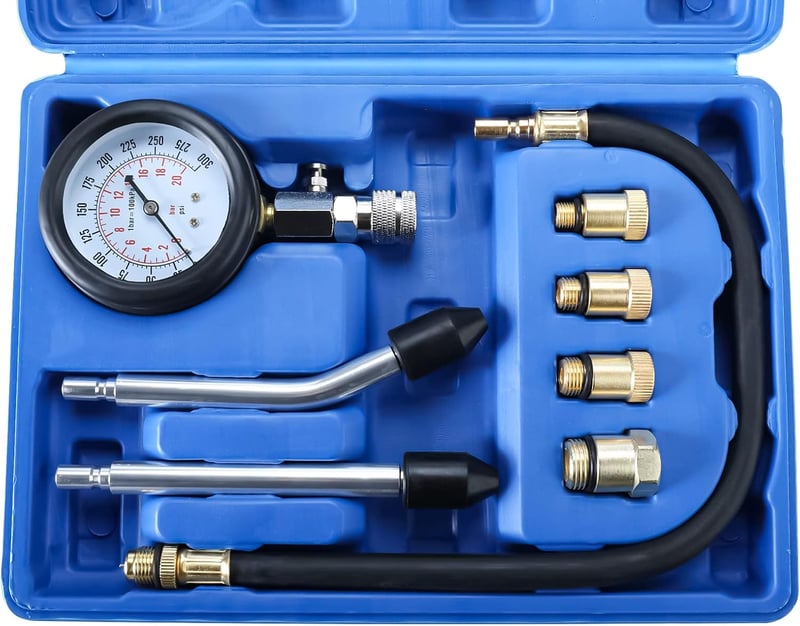 FreeTec Kompresszióméró készlet - M10, M12, M14, M18 menettel, motordiagnosztikához