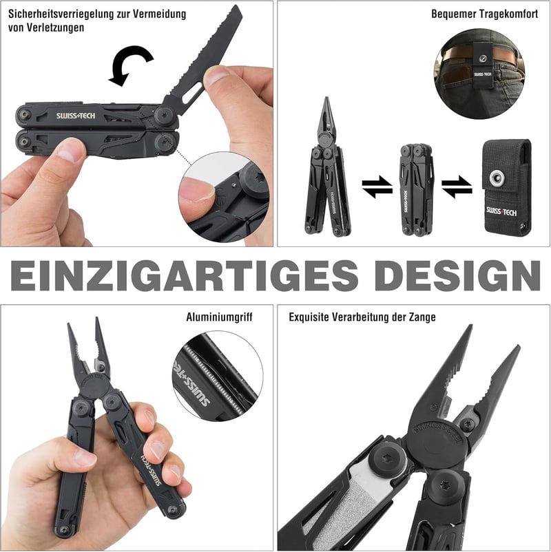 Swiss+Tech 16 az 1-ben Multifunkciós Fogó - Összecsukható Szerszámkészlet Ollóval, Késsel, Fűrésszel, Sörnyitóval - Kempinghez, Túrázáshoz, 
