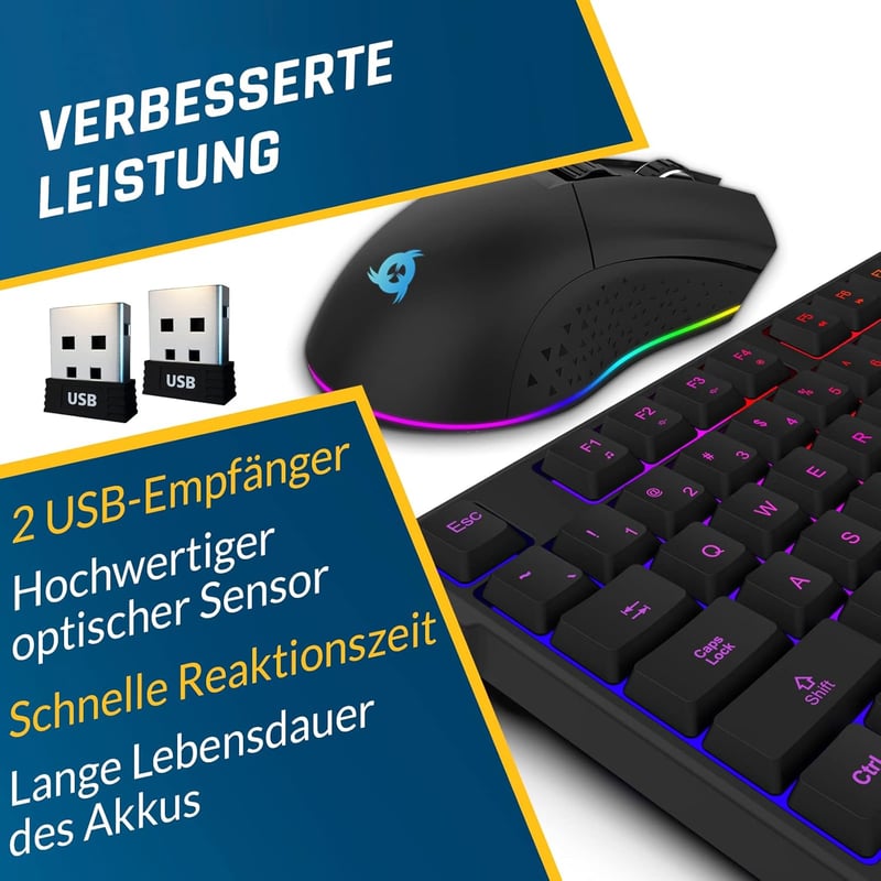 KLIM Blaze & Chroma Vezeték Nélküli Egér-Billentyűzet Szett - RGB Háttérvilágítás, Hosszú Élettartamú Akkumulátor, PC és Mac Kompatibilis, G