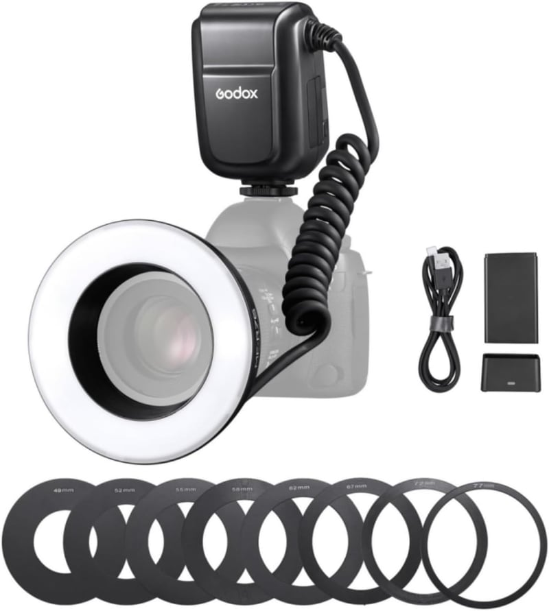 Godox MF-R76 Makró Körvaku GN14 - 10 Fényerőszint, 8 Adaptergyűrű, Nagy Kapacitású Akkumulátor - Canon, Nikon, Sony, Fuji, Olympus DSLR Fény