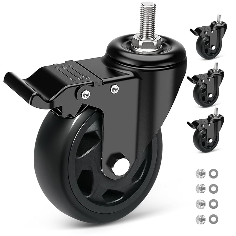 RRIUTO Bútor Görgő 125mm Fékkel - M10x30mm Csavaros Forgókerekek 360° Forgással - 4db Nagy Teherbírású PU Bútorkerék Szett 162,5kg Teherbírá