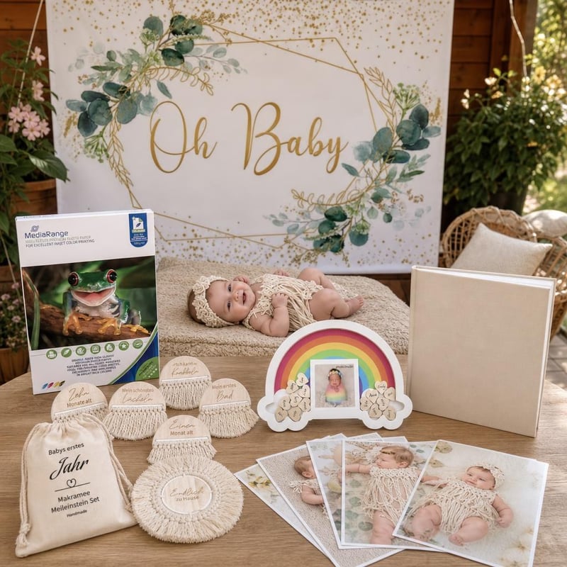 Set za uspomene za bebe: 50x A4 fotopapir + 26x kartice + pozadina + album + okvir za poruke