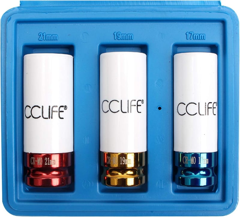 CCLIFE 3 részes dugókulcs készlet 1/2" krómacél - 17, 19, 21 mm méretű alufelni védőbetétekkel, 78 mm hosszú, ütvecsavarozóhoz és nyomatékku