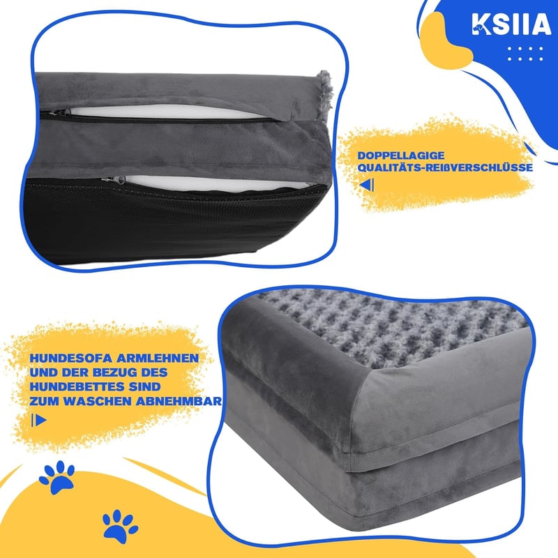 KSIIA Ortopédiai Kutyaágy Közepes Kutyáknak 91x68x16 cm - Mosható Huzatú Kutyakanapé Három Megemelt Széllel, Csúszásgátló Aljjal, Szürke