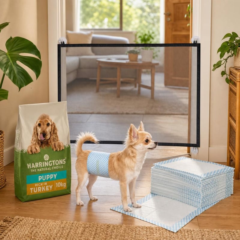 Štartovací balíček pre šteniatka: 20x plienky + 10kg krmivo + zábrana 110x72 cm