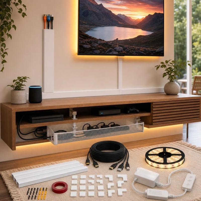 Súprava pre TV kútik: 3m HDMI + 10m HDMI predlžovačka + lišty + držiak káblov + 6m LED pásik