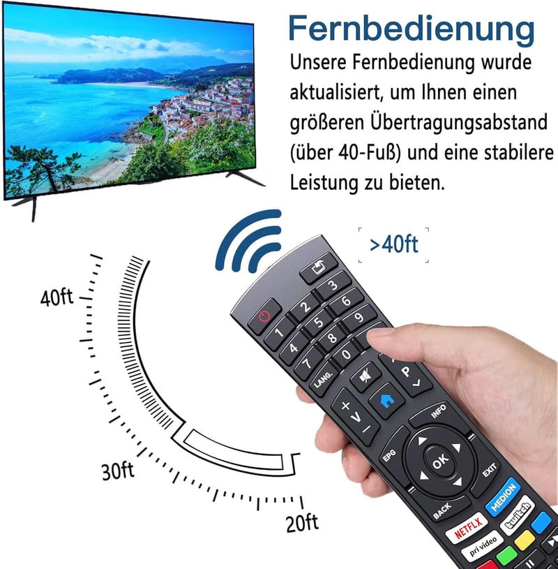 FOXRMT RC1822 Univerzális Távirányító Medion Ultra HD Smart TV-hez - Netflix és Prime Videó Gombokkal, 10m Hatótávolság, Előre Konfigurált, 