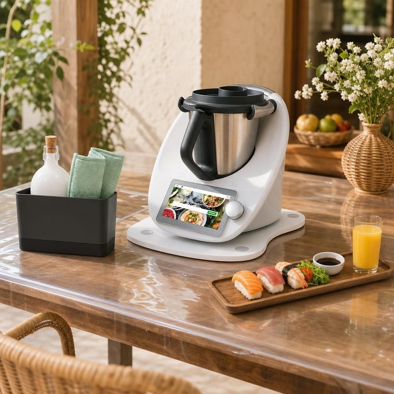 Pachet Organizare Bucătărie: Suport Thermomix + Organizator chiuvetă + Tavă lemn + Folie PVC