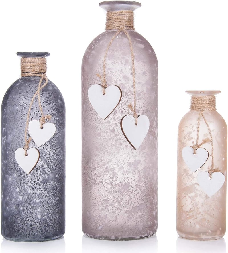 Set 3 Vaze decorative inimă Frank FLECHTWAREN - Vaze gri din sticlă cu decor aspect lemn, dimensiuni diferite, finisaj satinat