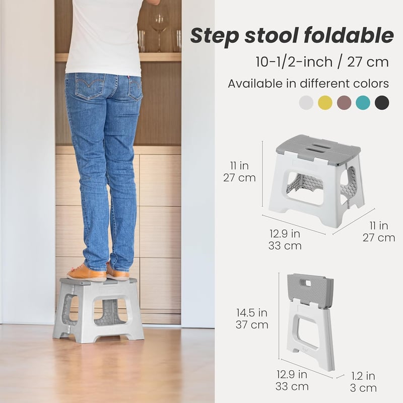 VIGAR Összecsukható Műanyag Zsámoly 33x27x27 cm - Szürke Konyhai Fellépő, Párnázott, Könnyű Polipropilén Kisszék