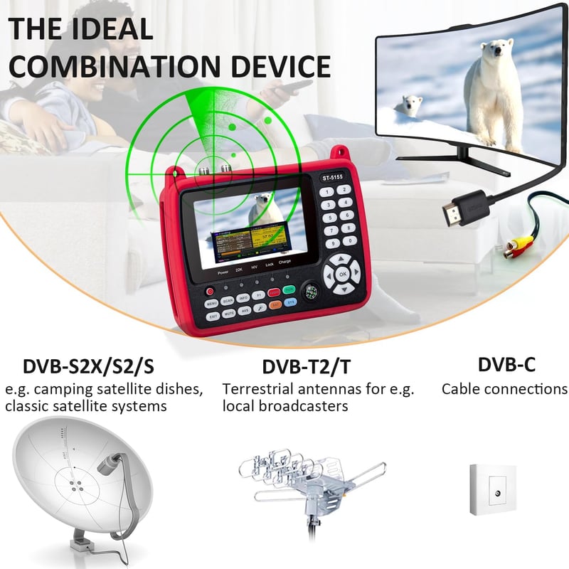 SZBOX ST-5155 Satfinder DVB-S2/S/T2/T/C Műholdkereső Készülék H.264/265/HEVC Képmegjelenítéssel, Unicable/Scr/Dcss Támogatással