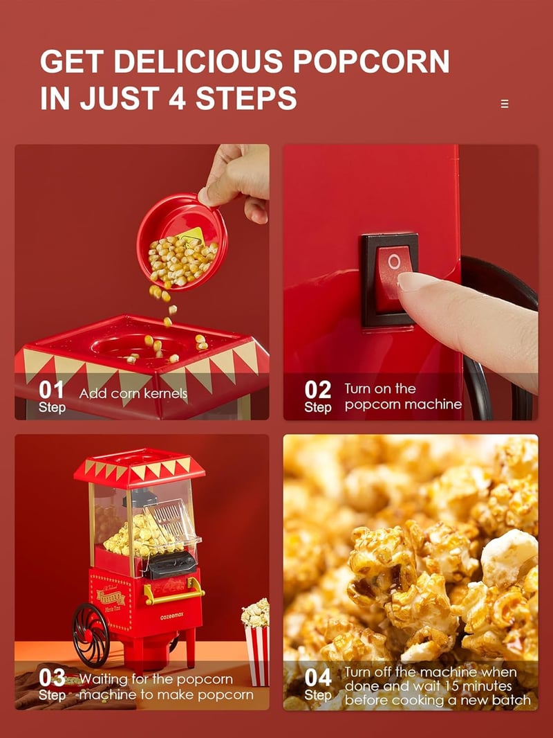 Cozeemax Retro Popcorn Készítő 1200W - Nagy Kapacitású, Zsírmentes, Piros