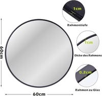 ZENIDA Kerek Tükör 60 cm Fekete Fém Kerettel - Modern Fali Tükör Előszobába, Fürdőszobába, Nappaliba - Vékony Keret, Elegáns Dizájn 3
