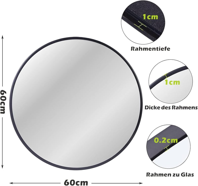 ZENIDA Kerek Tükör 60 cm Fekete Fém Kerettel - Modern Fali Tükör Előszobába, Fürdőszobába, Nappaliba - Vékony Keret, Elegáns Dizájn