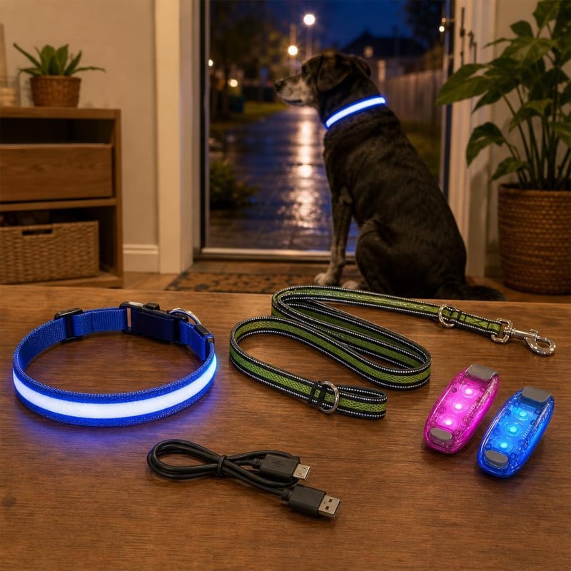 Bezpečnostný set na venčenie: LED obojok + reflexné vodítko + 2x svetlo + USB kábel