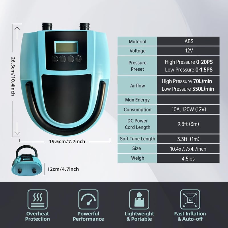 Elektromos SUP pumpa 20PSI - LCD kijelzős, kétfokozatú, hordozható felfújó paddleboardhoz, csónakhoz