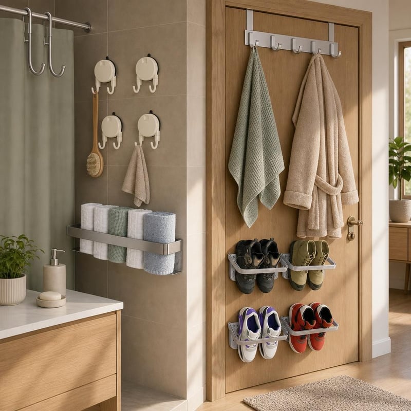 Set za organizaciju doma: 2x kuka za tuš + 4x vakuum kuka + 40 cm držač ručnika + 6x vješalica + 4x polica