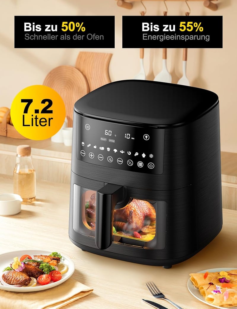 Cookwise 7,2L Forrólevegős Sütő Betekintő Ablakkal - 13 az 1-ben XXL Airfryer Előmelegítés, Melegen Tartás és Kiolvasztás Funkcióval, Olajme