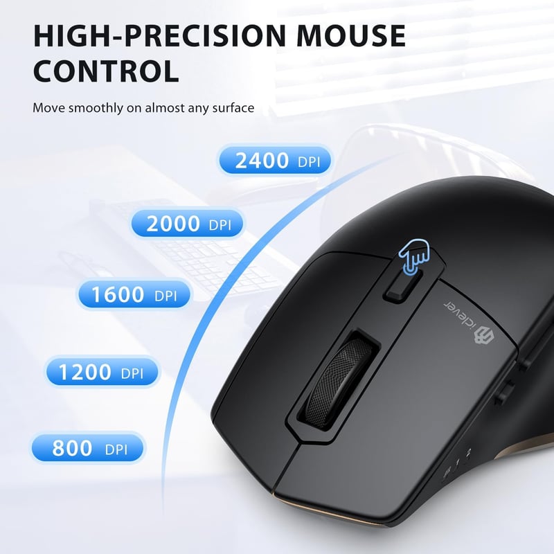 iClever Bluetooth egér, ergonomikus vezeték nélküli egér, újratölthető, 2400 DPI, 7 gomb, fekete