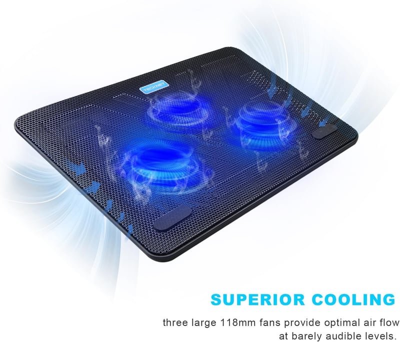 TECKNET Laptop Hűtőpad 12-17 Colos Notebookhoz, 3 Ventilátor LED-del, USB Portokkal - 3 Lüfter, blue