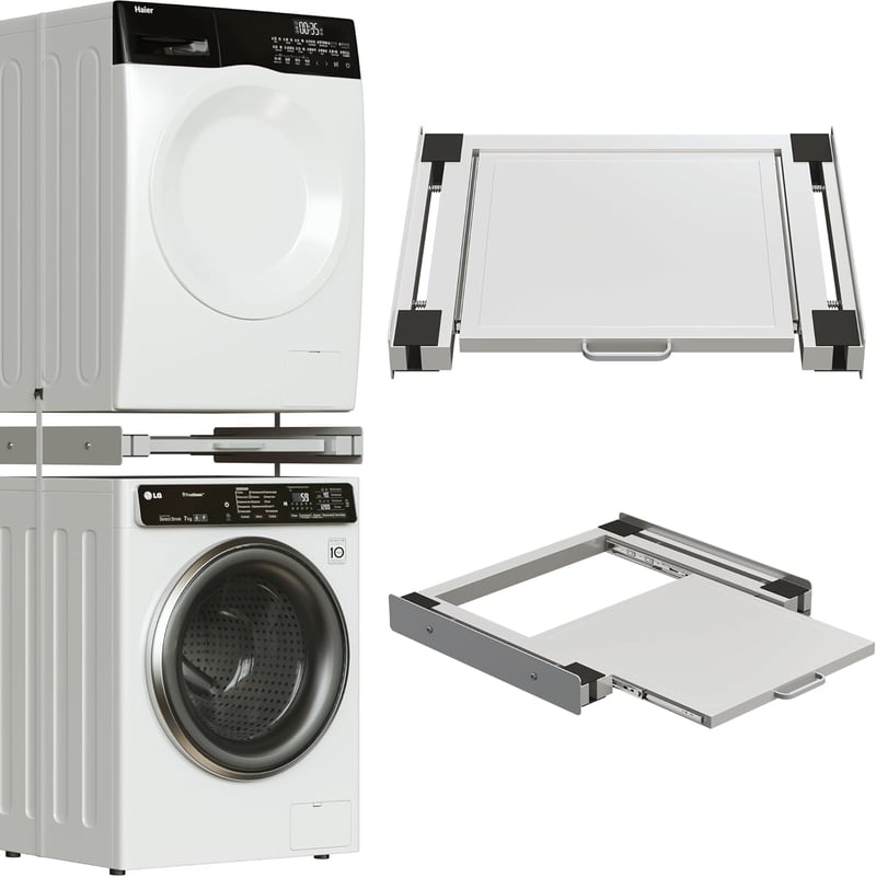 lesolar 24 Colos Univerzális Összekötő Keret Mosógép és Szárító Közé - 61x55 cm Kihúzható Acéllemez Polccal, Rögzítőpánttal