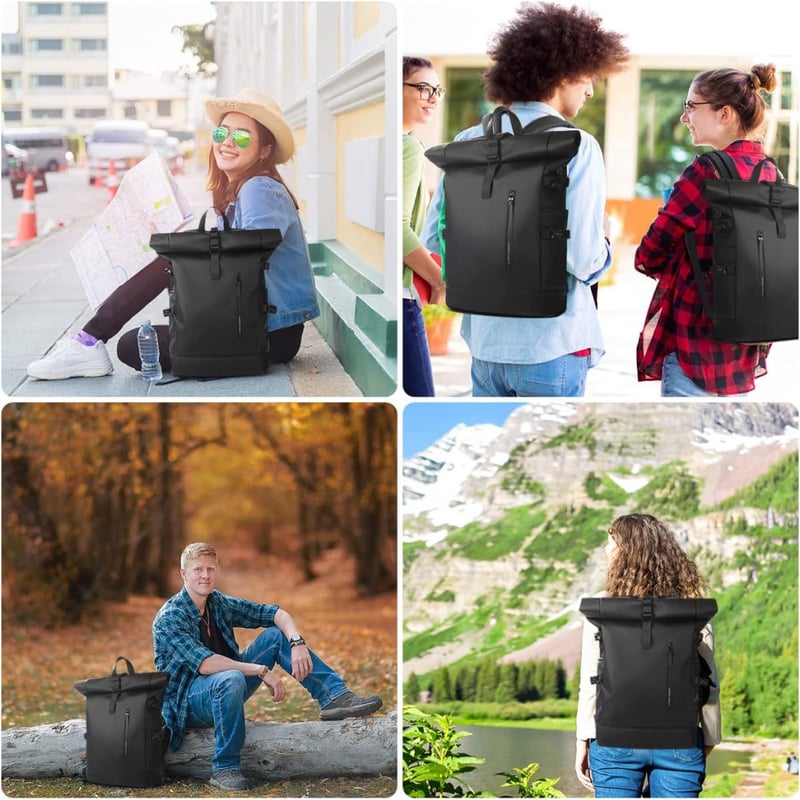 hk Rolltop Vízálló Hátizsák 27L - 15,6" Laptoptartóval, USB Porttal - Könnyű, Lopásbiztos Utazó/Iskolatáska Férfiaknak és Nőknek - Fekete
