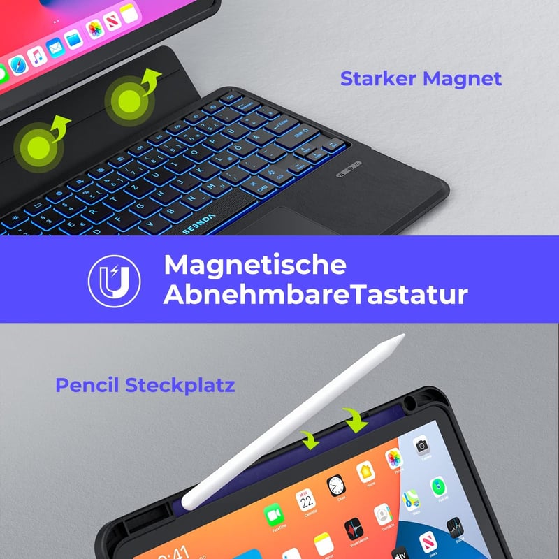 seenda iPad 10 Generációs Tok QWERTZ Bluetooth Billentyűzettel - 7 Színű Háttérvilágítás, Érintőpad, Tolltartó, Levehető Billentyűzet, 10.9"