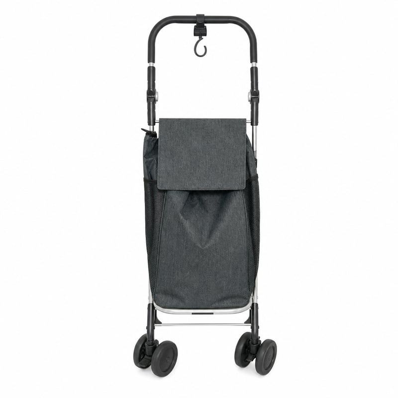 Cărucior de cumpărături Jata HCAR2502 utilizat, cu geantă termoizolantă de 10 litri, pliabil, cadru din aluminiu, 2 roți, rotație la 360 de grade, cu frână, gri