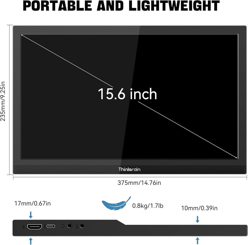 Thinlerain 15,6" Hordozható Monitor FHD 1920x1080 - HDMI, USB-C Csatlakozás, Beépített Hangszóró, MacBook, PC, Laptop, Xbox, PS4 Kompatibili