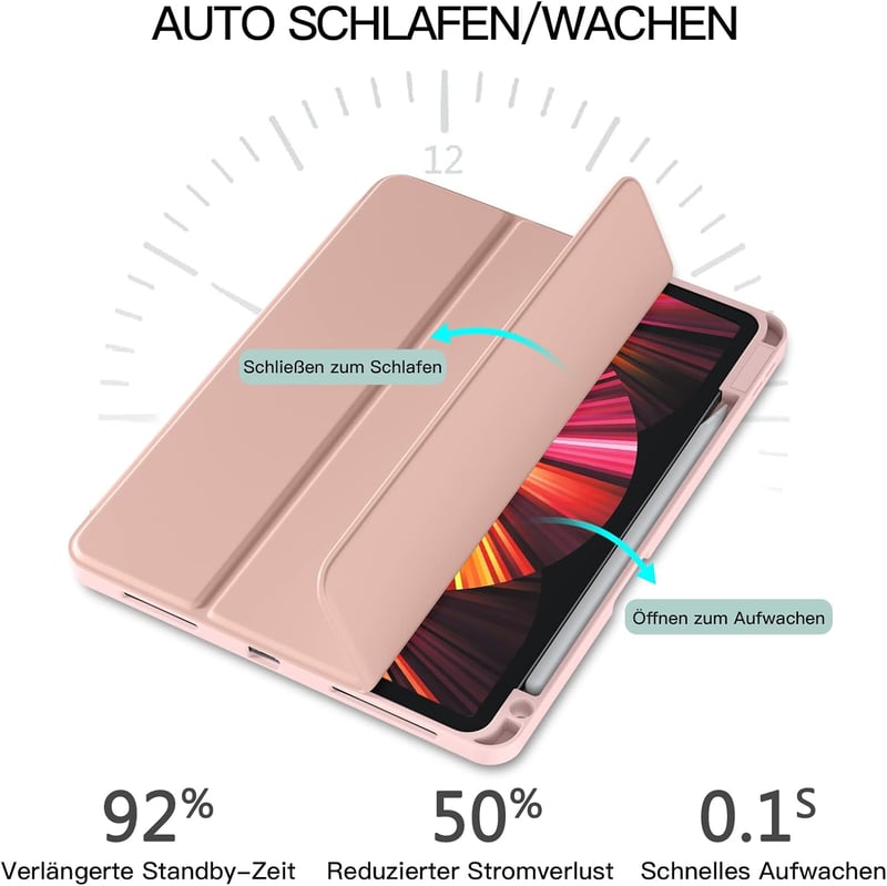 Vobafe iPad Pro 11" Védőtok 2018-2022 Modellekhez - TPU Rugalmas Hátlap, Ceruza Tartóval, Automatikus Alvás/Ébresztés Funkcióval - Rózsaaran