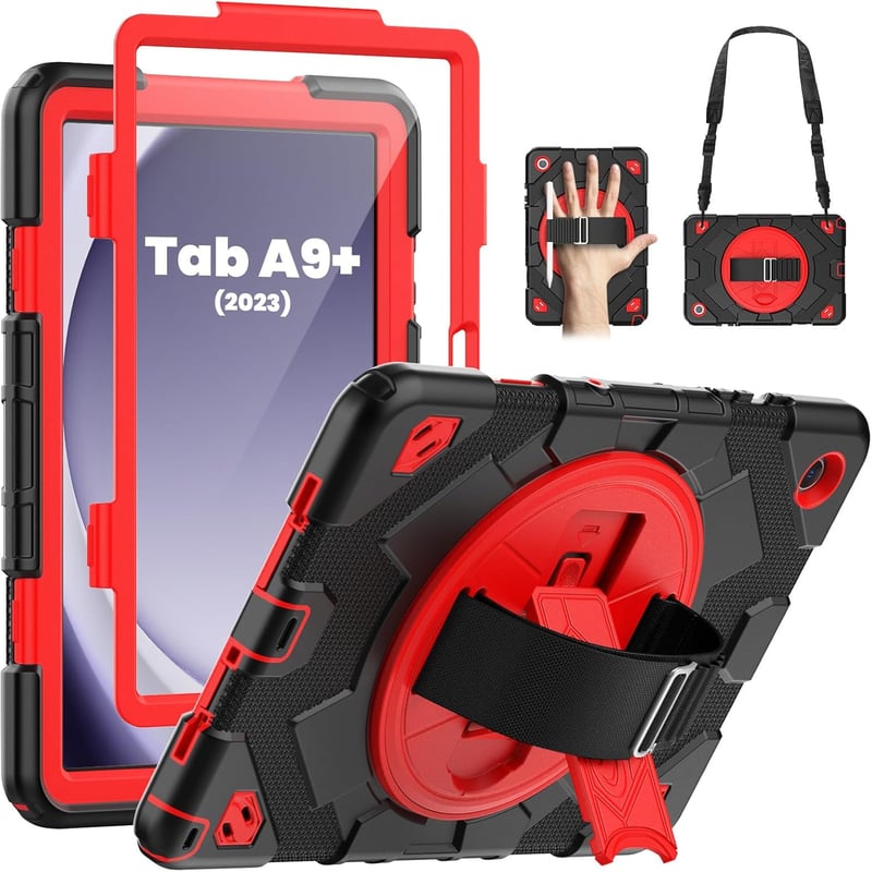 Samsung Galaxy Tab A9 Plus 11" 360°-os forgatható tok, ütésálló védelem, állvánnyal, fekete/piros