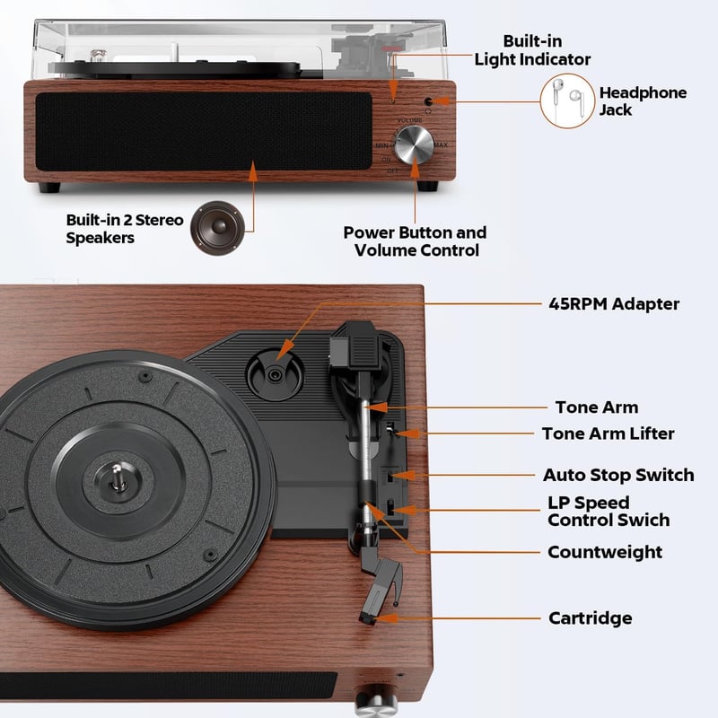 FYDEE Bluetooth Bakelit Lemezjátszó 3 Sebességgel (33/45/78 rpm), Beépített Sztereó Hangszóróval, RCA és AUX Csatlakozással, Dió Színben