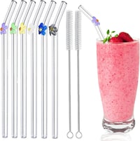Sunwuun Virágmintás Üveg Szívószálak - 6 db Hajlított, Újrahasználható, Hőálló Üveg Ivószál 2 Tisztítókefével - Koktélokhoz, Smoothie-khoz 1