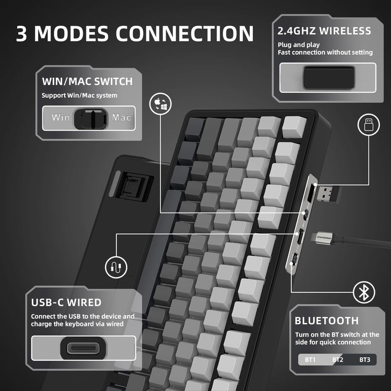 AJAZZ x Attack Shark X85 Mechanikus Gamer Billentyűzet, 75% Vezeték Nélküli, 5 Rétegű Hangtompítás, PBT Billentyűk, RGB, Hot-Swap, PC/Mac