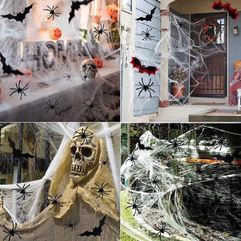 Óriás Halloween Szett: Pókháló, 60 Pók és 24 Denevér - Ijesztő Dekoráció