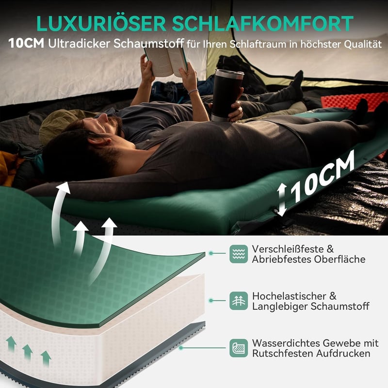 HIKENTURE Önfelfújó Kempingmatrac 10 cm Vastag, Memóriahabos Túramatrac Kültéri Alváshoz, Sátrazáshoz, Túrázáshoz, Utazáshoz - Sötétzöld, 19