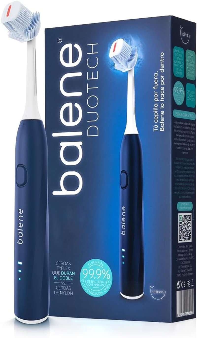 BALENE Duotech Kétoldalú Elektromos Fogkefe Szónikus Technológiával - Antibakteriális Sörtékkel, Kék, Közepes Keménységű Fejjel