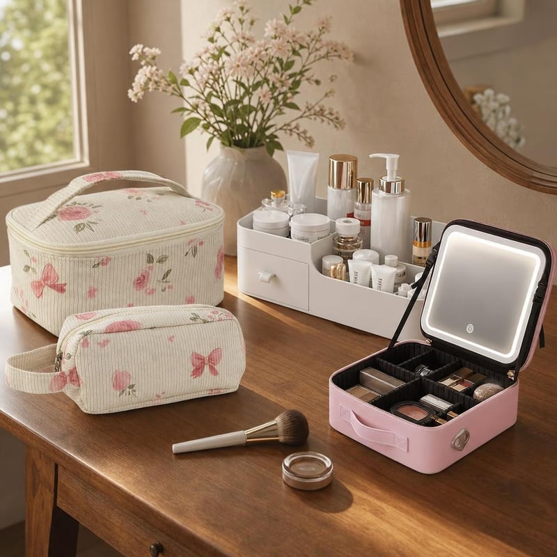Set za organizaciju šminke: organizator + 2x kozmetička torbica + LED ogledalo