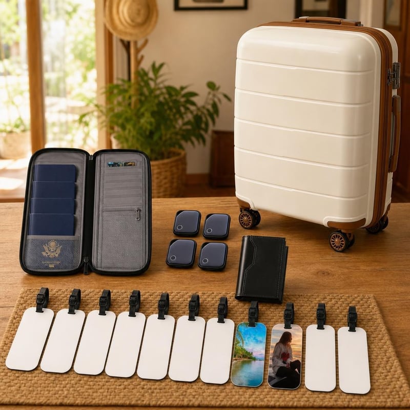 Cestovný set: 1x obal na pas + 4x GPS lokátor + RFID peňaženka + TSA kufor + 10x menovka na batožinu