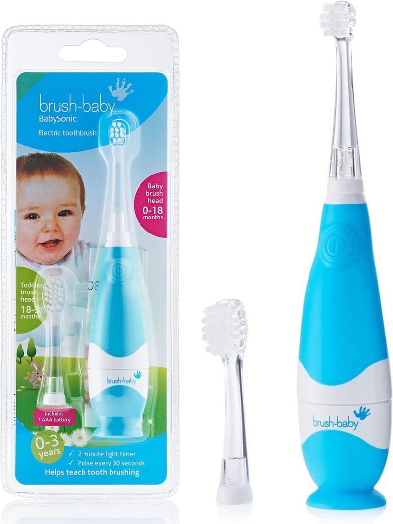 Brush-Baby BabySonic kék elektromos fogkefe 0-3 éves babáknak, LED-időzítővel