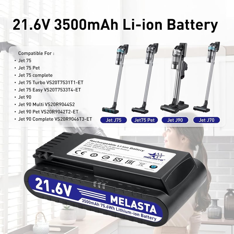 melasta 21,6V 3500mAh Li-Ion Pótakkumulátor Samsung Jet 90/75 Vezeték Nélküli Porszívókhoz - Kompatibilis Jet Complete/Pet Extra+/Elite Mode