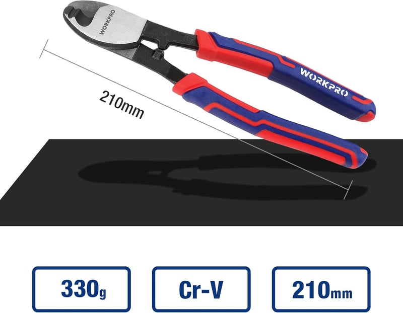 WORKPRO 210 mm-es Kábelvágó Alumínium és Réz Kábelekhez - Króm-Vanádium Acél, Puha Markolattal, Egykezes Használatra, 330g