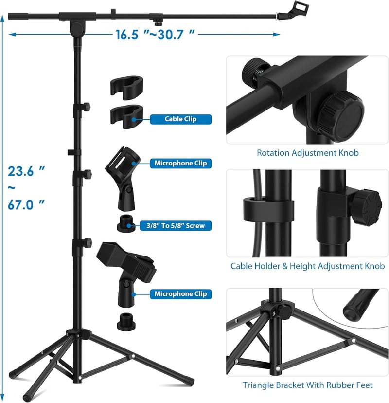 K KASONIC Állványzható Mikrofon Állvány Tripod Boom Összecsukható Két Klippel