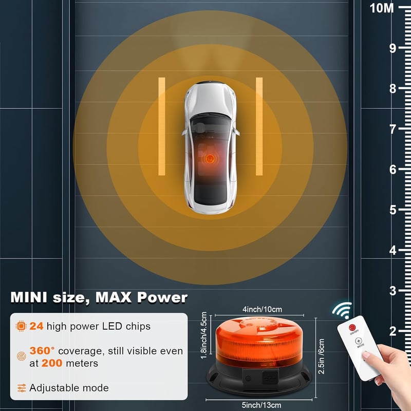Dinfu Mágneses Forgó Figyelmeztető Lámpa 12V - Sárga LED Vészvillogó Távirányítóval, 9 Üzemmód, Autó/Teherautó/Traktor Kompatibilis, USB Töl