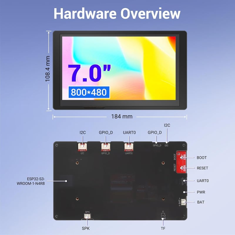 ELECROW 7" ESP32 HMI érintőképernyős monitor, 800x480 RGB TFT LCD, LVGL/Esphome kompatibilis