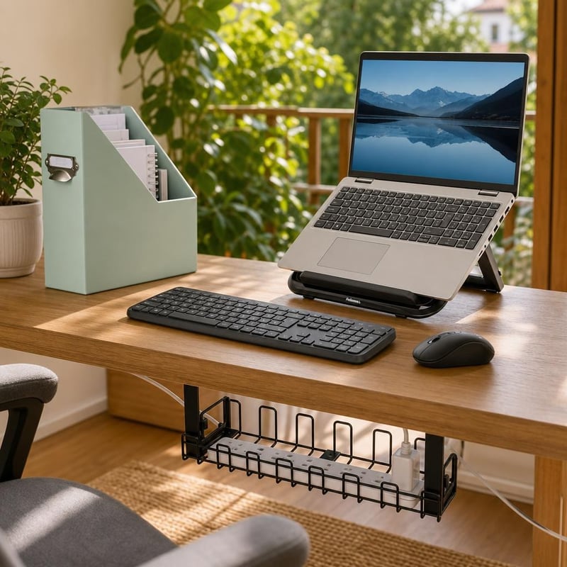 Rendezett home office: állítható laptopállvány + vezeték nélküli billentyűzet és egér + A4 irattartó