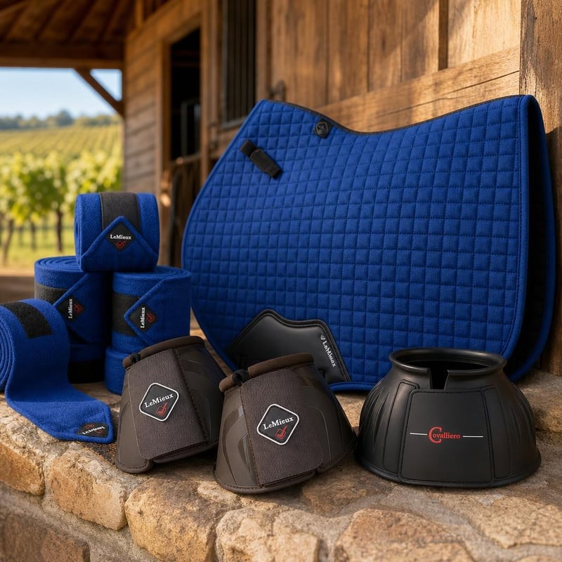 Set za trening skakanja: gumena zvona XFull + polo bandaže + podsedlica Large + štitnici za kopita