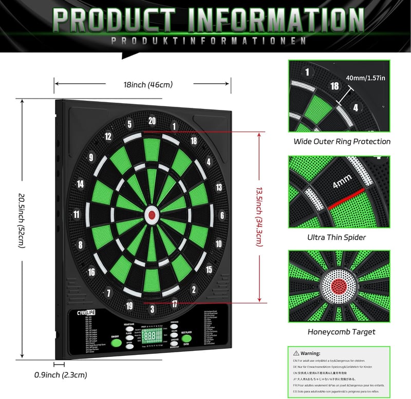 CyeeLife Elektronikus Darts Tábla LCD Kijelzővel - 34 Játék, 355 Variáció, Német Hangvezérléssel - 12 Puha Nyíl, 24 Toll, 50 Hegy, USB Töltő