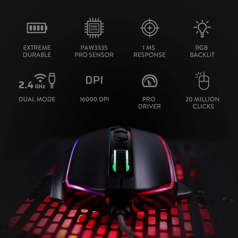 Redragon M686 Vampire Elite vezeték nélküli gamer egér, 16000 DPI, 45 órás üzemidő, programozható makrók, RGB háttérvilágítás, PC/laptop kom