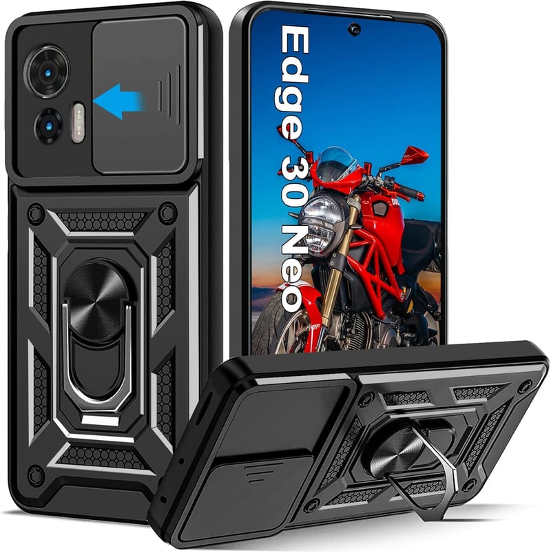 Motorola Edge 30 Neo csúsztatható kamerás védőtok, 360°-os gyűrűvel, mágnessel - Fekete